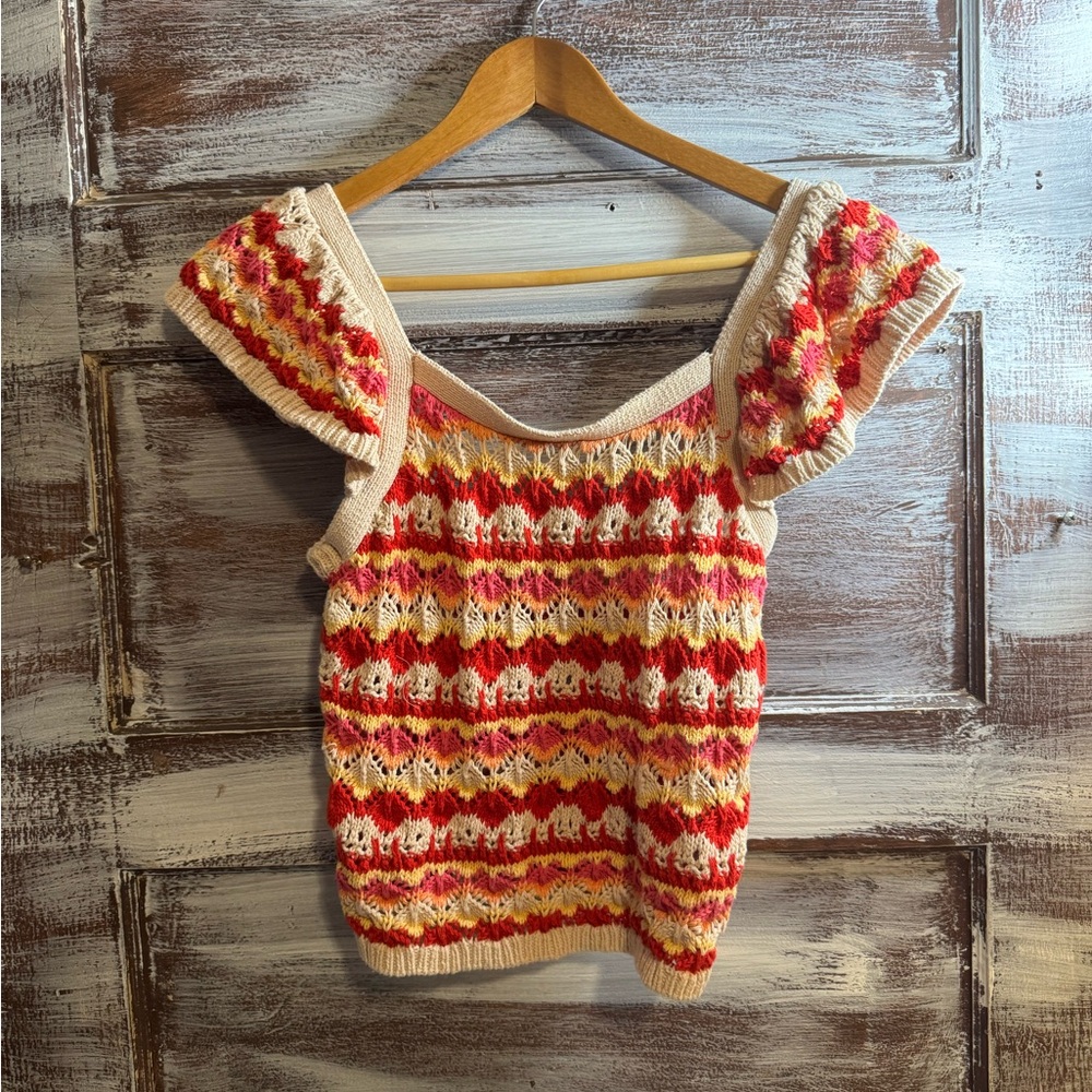 Blu Pepper Multicolor Knit Puff Sleeve Top - Red, Pink, Yellow, Cream